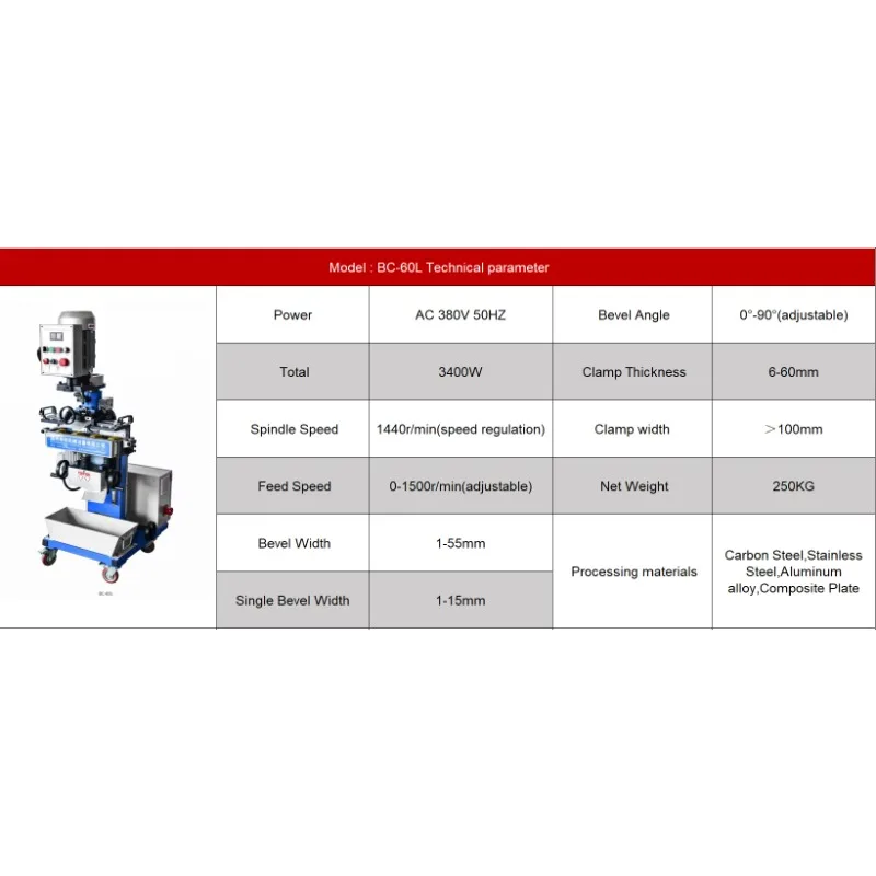 Automatic Plate Beveling Machine for Sheet Beveling 3400W Automatic Plate Beveling Machine 6-60mm Pipethickness Ra3.2-Ra6.3