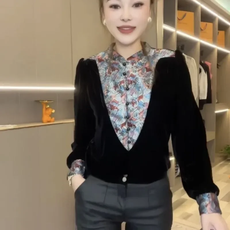 Contrast Color Stitching Long-sleeved Stand-collar T-shirt Black Gold Velvet T-shirt Shirt Women's Chiffon Top