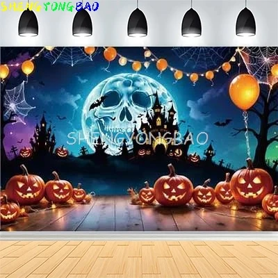 

Autumn Thanksgiving Day Photography Backdrops Fall Scary Pumpkin Barn Moon Halloween Day Party Castle Photo Background NG-37