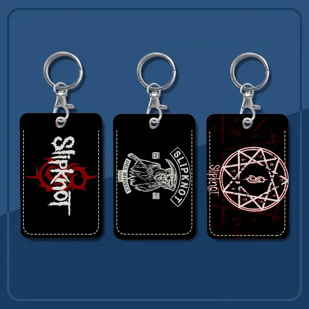S-Slipknots Heavy Metal Band Rectangle ID Card Case Keychain Access Card Bag Key Tag Ring Leather Card Holder Key Ring Access