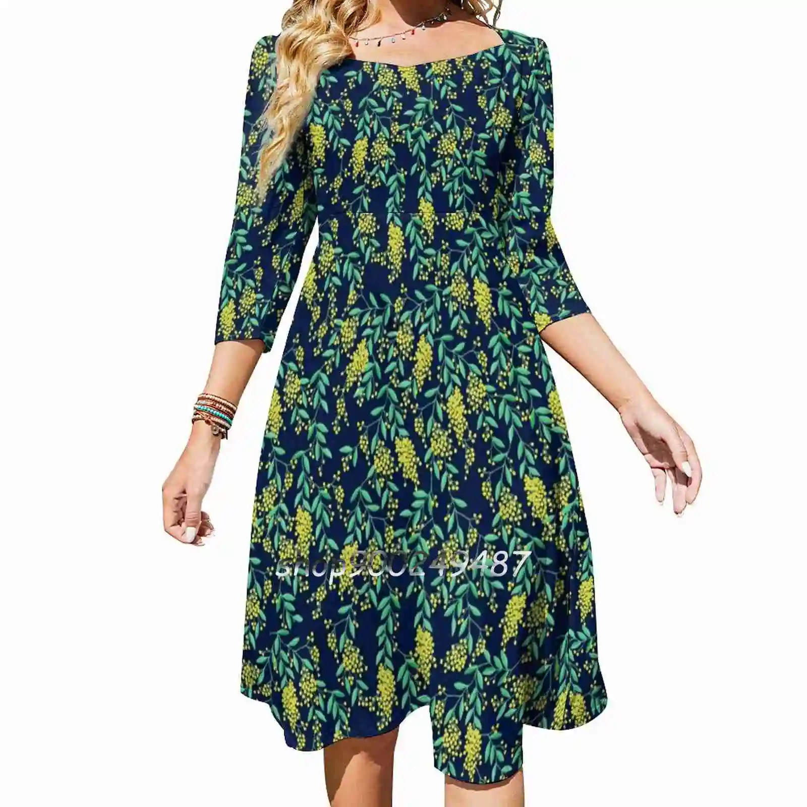 Golden Wattle-Navy Square Neck Dress Sweet Summer Dress Women Elegant Halter Print Dress Make Merriness Golden Wattle Wattle