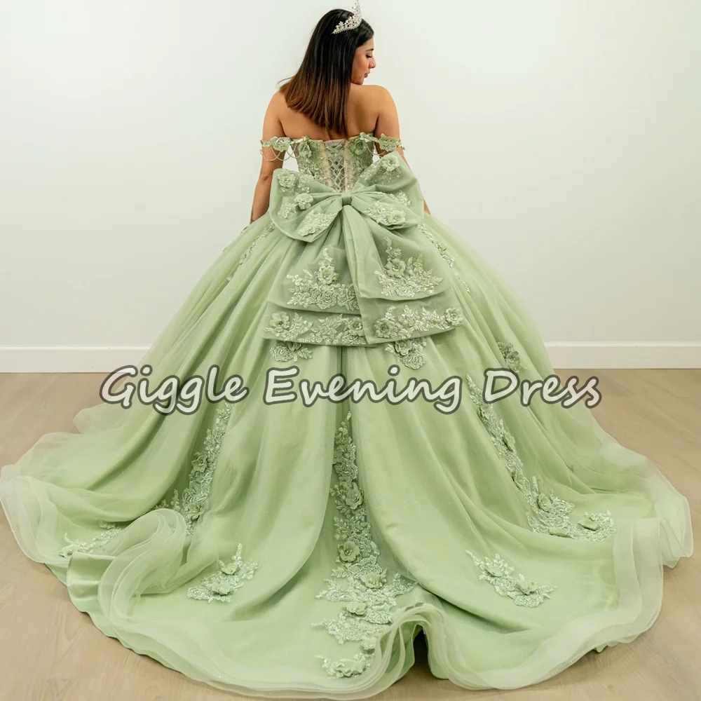 Giggle-vestido De baile verde menta, Vestidos De quinceañera con hombros descubiertos, vestido De baile hinchado dulce 15, Vestidos De flores 3D De 15 anos personalizados