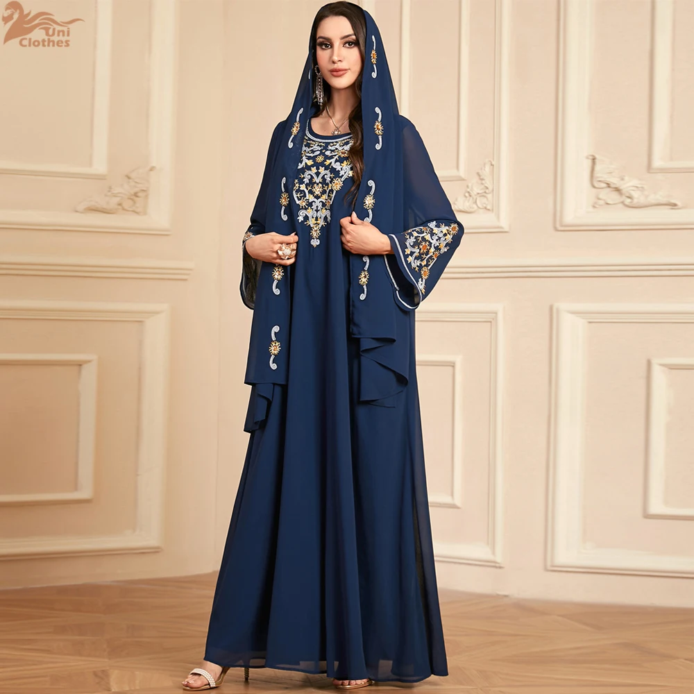 Eid Djellaba Embroidery Abaya Dubai Kaftan Women Muslim Dress with Hijab Islam Jalabiya Ramadan Caftan Femme Robe Khimar Vestido