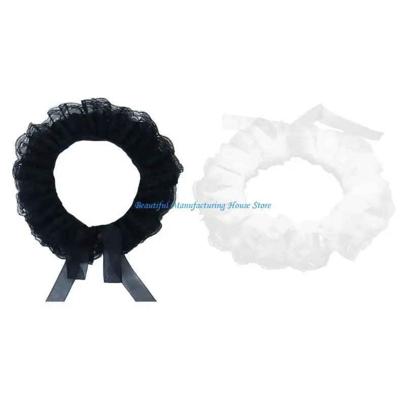 E56A Vintage Gothic Neck Ruff Collar Victorian Double Layered Ruffled Lace Choker with Ties for Women Girls Halloween Costume
