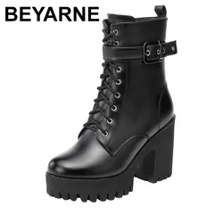 Plus Size 32-43 Platform Shoes Women Ankle Boots Leather 2024 Fall Winter High Heels Boots Ladies Plush Motorcycle Botas