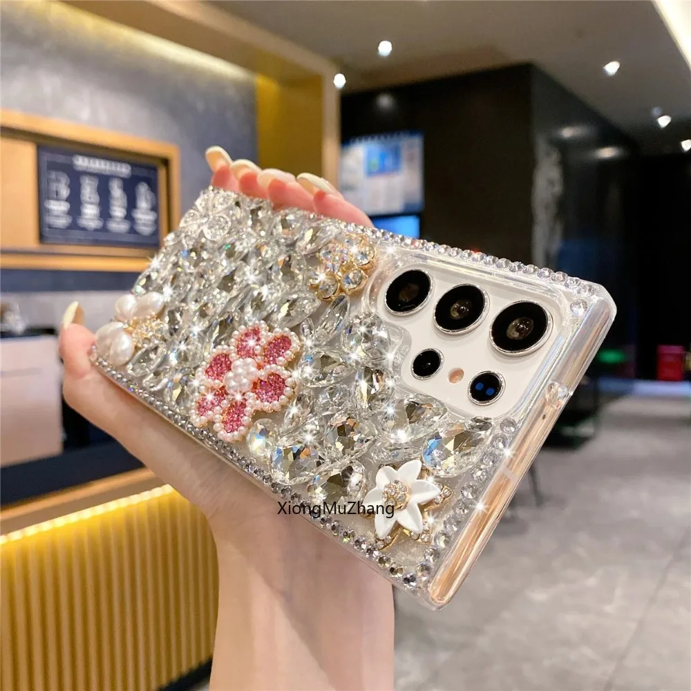 Glitzernde Rosa Perlen-Blumen-Hülle für Samsung Galaxy A36 A33 A53 A56 A73 A54 A55 A13 A57 A37 Strass Silber Diamant Cover – Detail 6