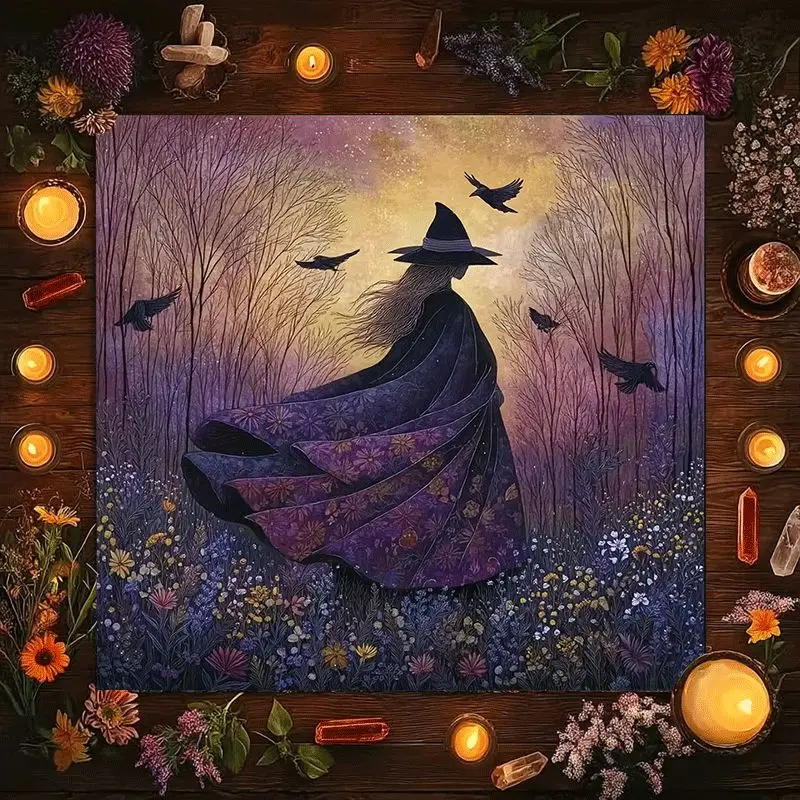 Enchanted Forest Witch Silhouette Square Tablecloth Boho Cottagecore Halloween Autumn Decor Tapestry