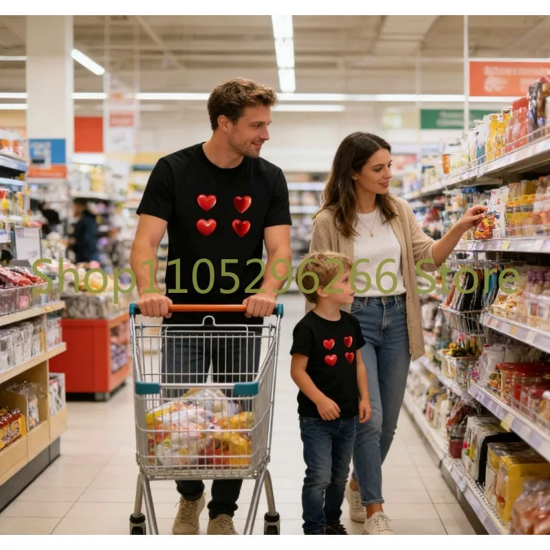 

Детская футболка из чистого хлопка с модным принтом «Красное сердце», топ с круглым вырезом, модная одежда для родителей и детей, персонализированный семейный наряд