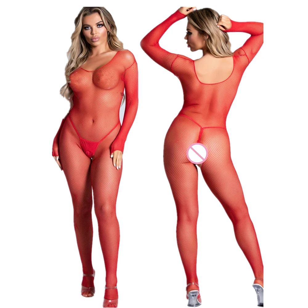 ชุดชั้นในเซ็กซี่สําหรับผู้หญิงสีแดงเร้าอารมณ์ Babydoll ชุด Crotchless Bodystockings ชุดชั้นในเครื่องแต่งกายชุดนอน Fishnet Bodysuits