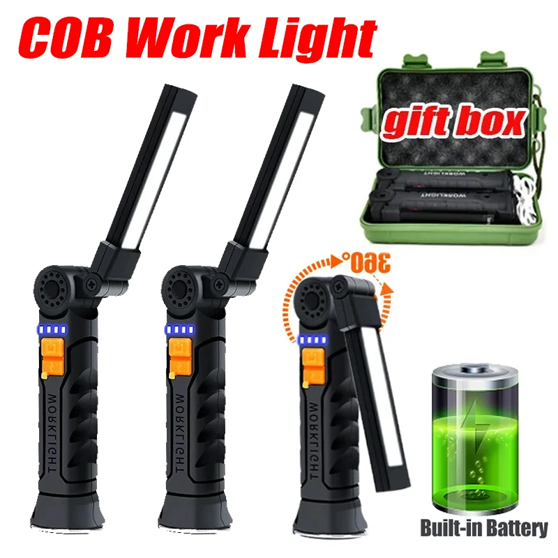 Powerful LED Flashlight USB Rechargeable COB Work Light Magnetic Lanterna Hanging Lamp with Built-in Battery Camping Torch