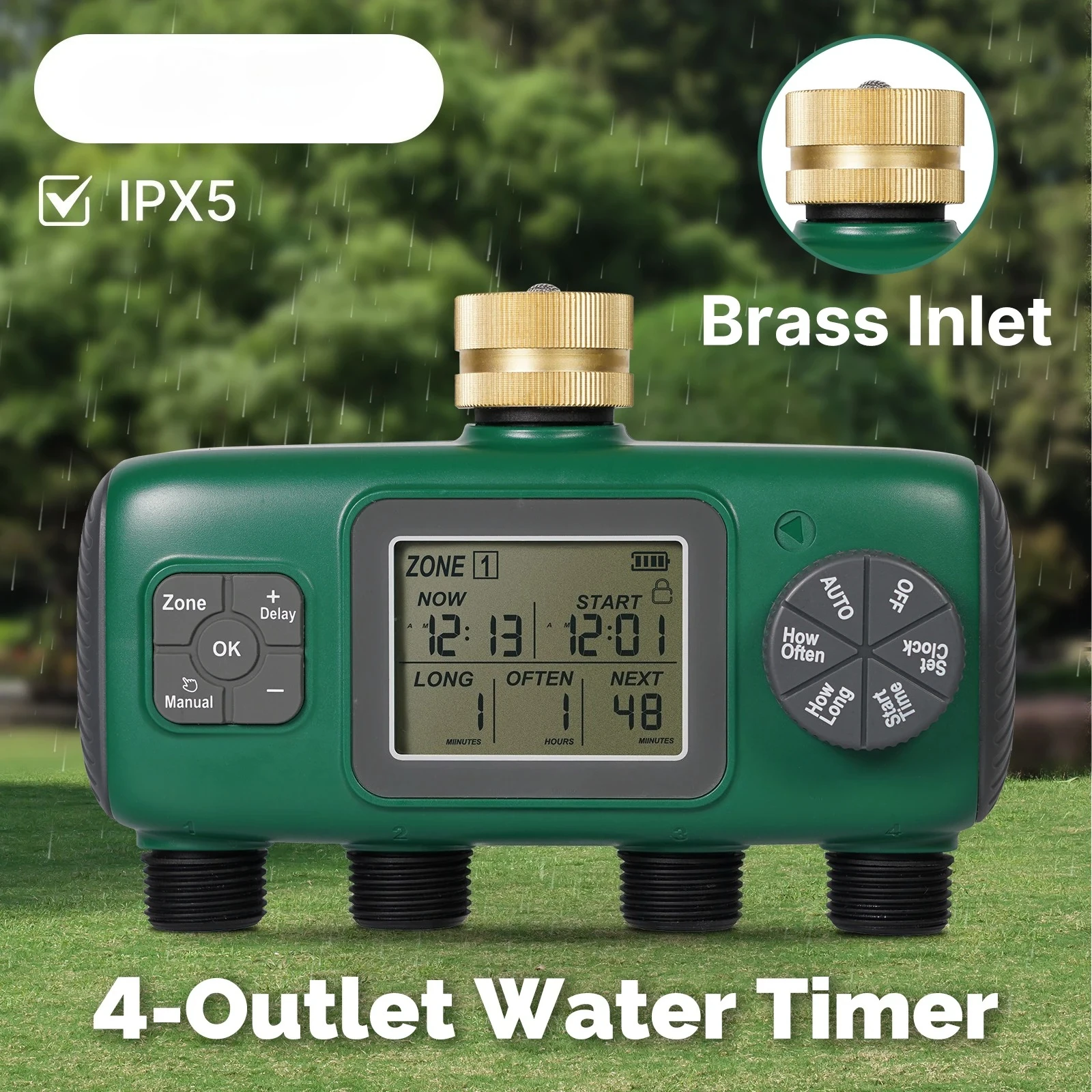 4-Outlet Digital Water Timer Brass Inlet Knob Button Automatic Irrigation LCD Display Screen IPX5 Garden Tools Sprinklers