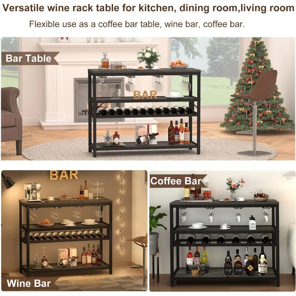 Wine Rack Table, Wine Bar Table Freestanding Floor, Rustic Bar Cabinet with Wine Shelf and Glass Holder, Wood and Metal Modern