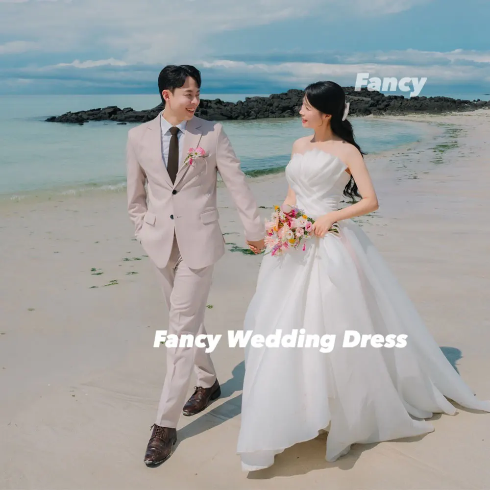 Fancy Princess Organza Wedding Dress Korea Beach Photoshoot A Line Sleeveless Bridal Gown Back Corset Customized