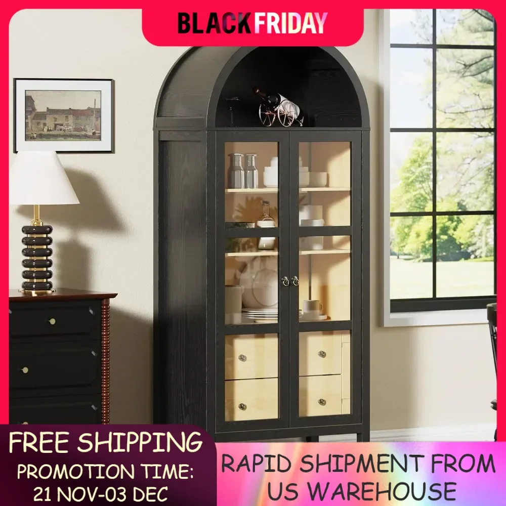 Modern Farmhouse Arched Cabinet with Glass Doors,72