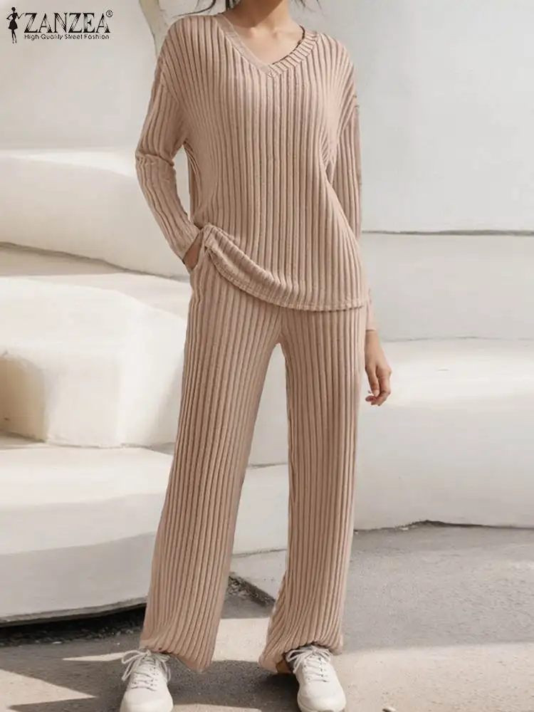 ZANZEA Autumn Women Knitted Suits Solid Color Homewear Fashion Long Sleeve Casual V Neck Tops Pants Sets 2 Piece Sets Outfits