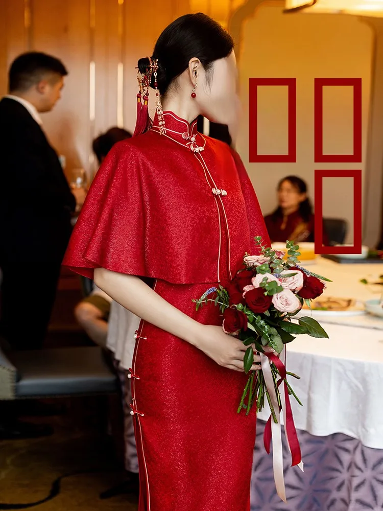 

Ele Red Silk Young Slimming Wedding Engagement Ceremony Dr Long Slant Collar ort Sve Low Slit