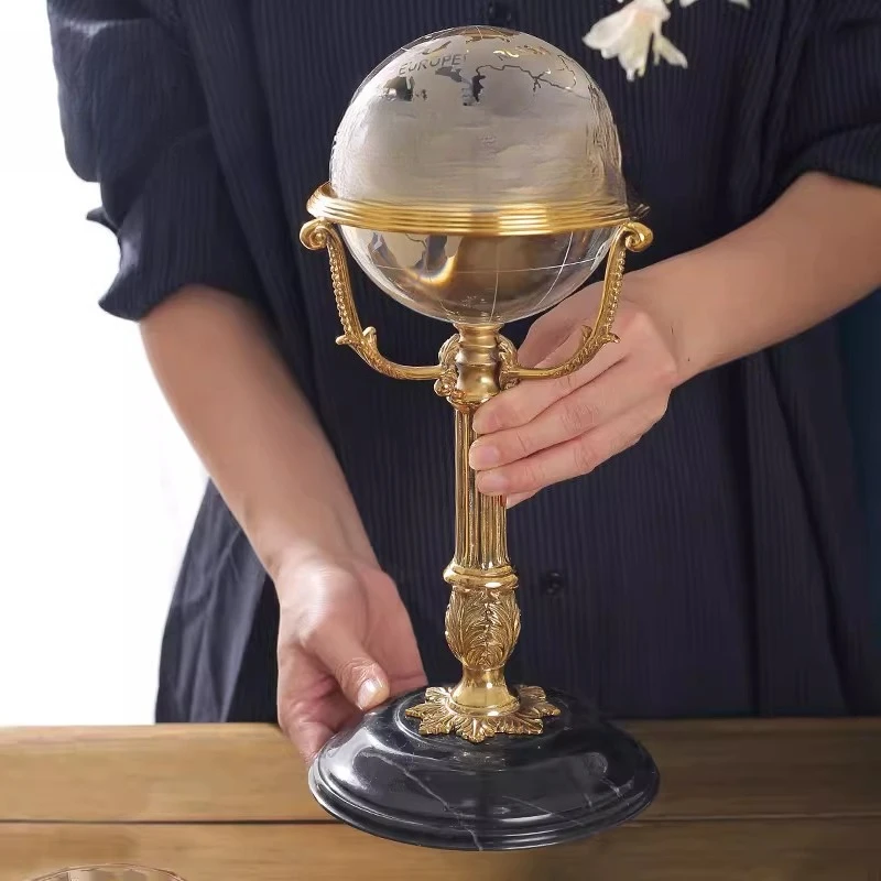 Light luxury office high-end crystal globe luxury retro brass marble ornament study living room decoration