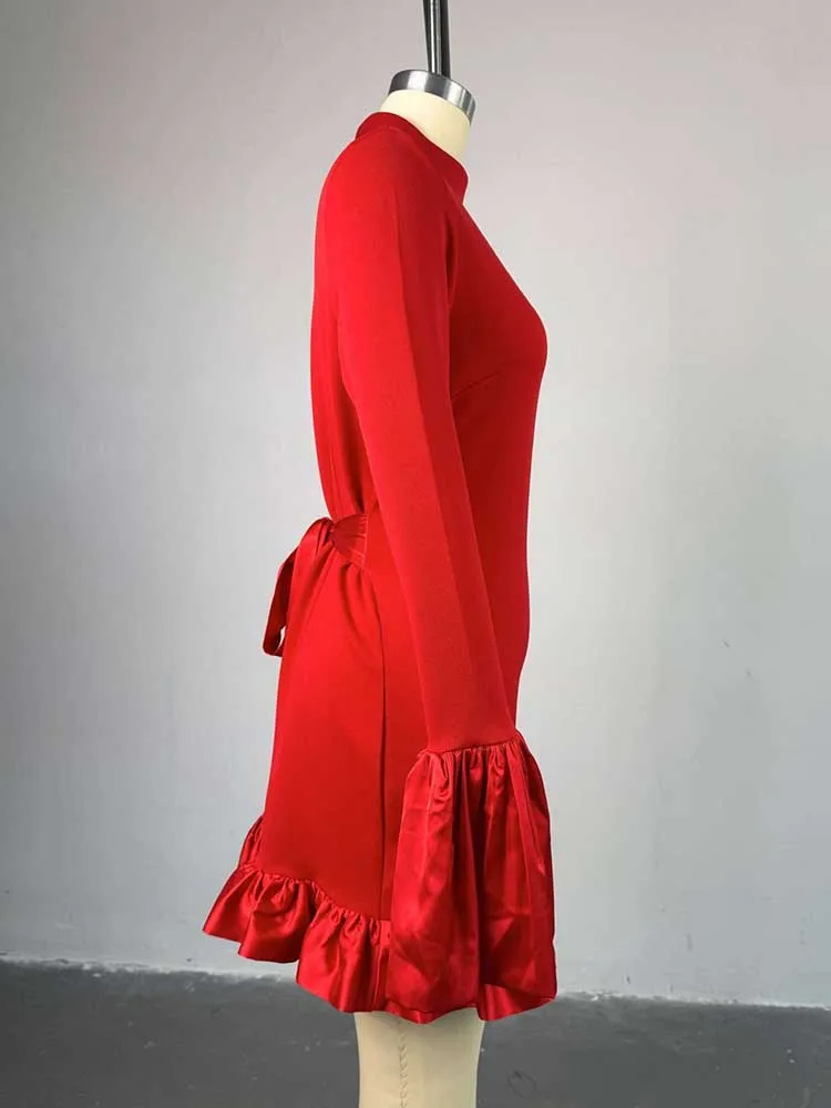 Vestido de cintura alta para mulheres gola festa vermelho midi vestidos com babado em torno feminino primavera sexy e vestido de cintura alta