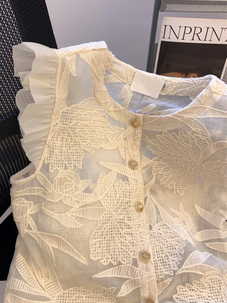 Women's French Jacquard Chiffon Shirt Female Office Lace Top 2024 Summer Sexy Micro-Transparent Flying Sleeve Elegant Vest Tide