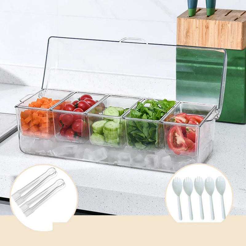 Ice Chilled Condiment Tray With 5 Containers, Condiment Server With Lids, Serving Tray Platter For Bar Accessories