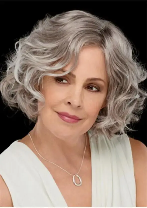 Medium Wavy Bob Style Grey Synthetic Hair Wig for Older Lady Capless Women Soft