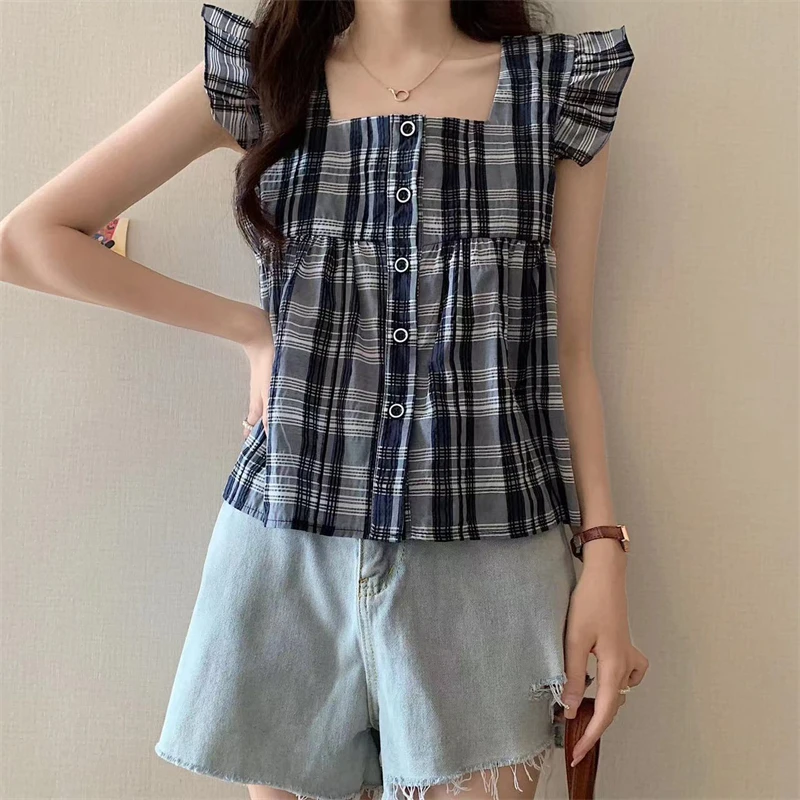 Abbigliamento donna 2024 estate Trendy Vintage Plaid Ruffle Kawaii camicetta a maniche corte Y2K Casual colletto quadrato allentato Sweet Chic top