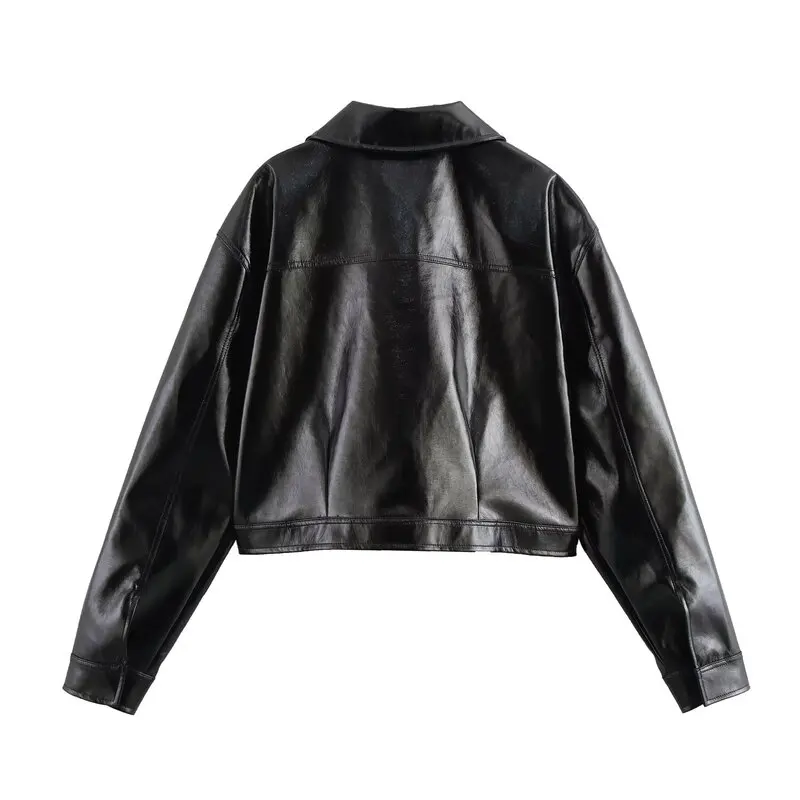 Fall Winter New Arrival Women's Casual Long Sleeve Stand Collar Faux Leather Jacket Outerwear Straight Cut Versatile Style