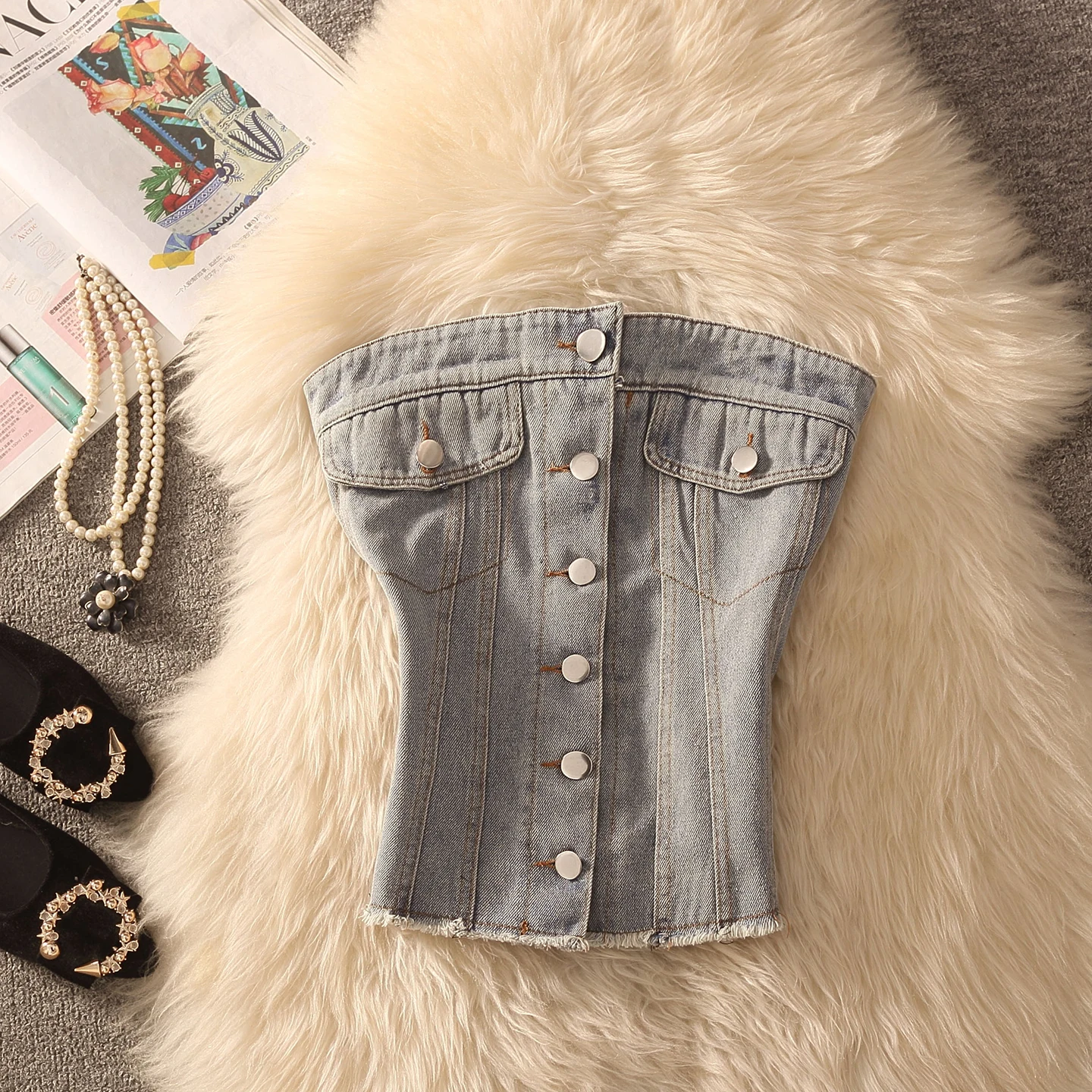 Retro American Hot Girl Denim Tube Top Sleeveless Slim Fit   Shirt Style Women's Fashion Summer 2026 Zipper Closure ...