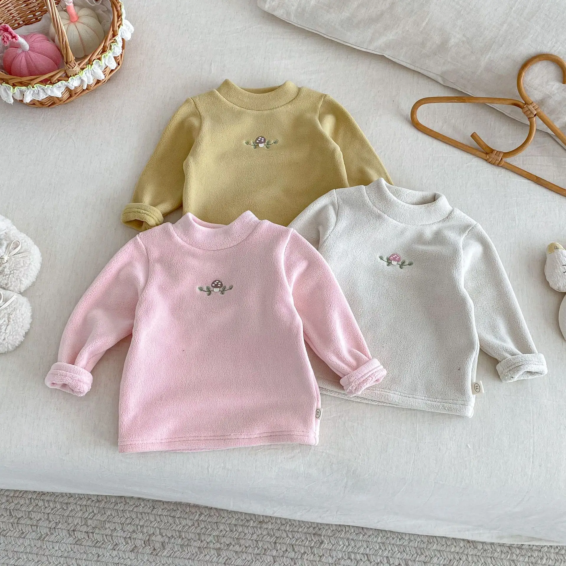 

Korean Children's Clothes 2025 Winter Baby Girl Base Shirt Embroidered Mushroom Semi - Turtleneck Inner Wear Cute Kids Warm Top