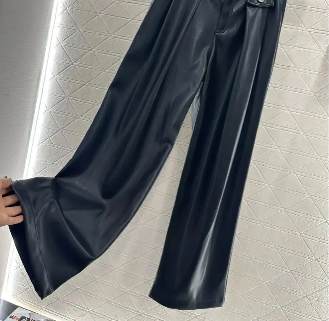 بنطال جلدي واسع الساق بطيات بحزام لخريف وشتاء مع صوف، بنطال جلدي نسائي عالي الخصر بأرجل مستقيمة