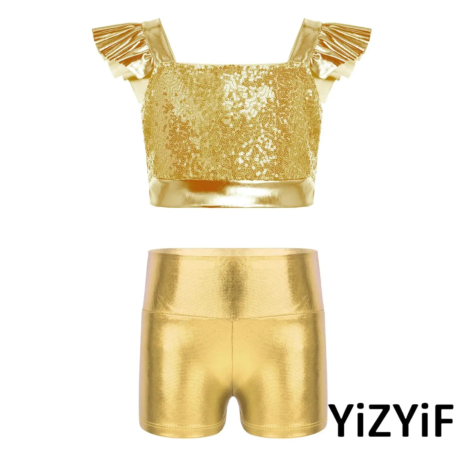 

Kids Performance Jazz Belly Outfit Set Girls Square Collar Ruffled Sleeves Sparkly Sequin Top And High Waist Metallic Shorts Set