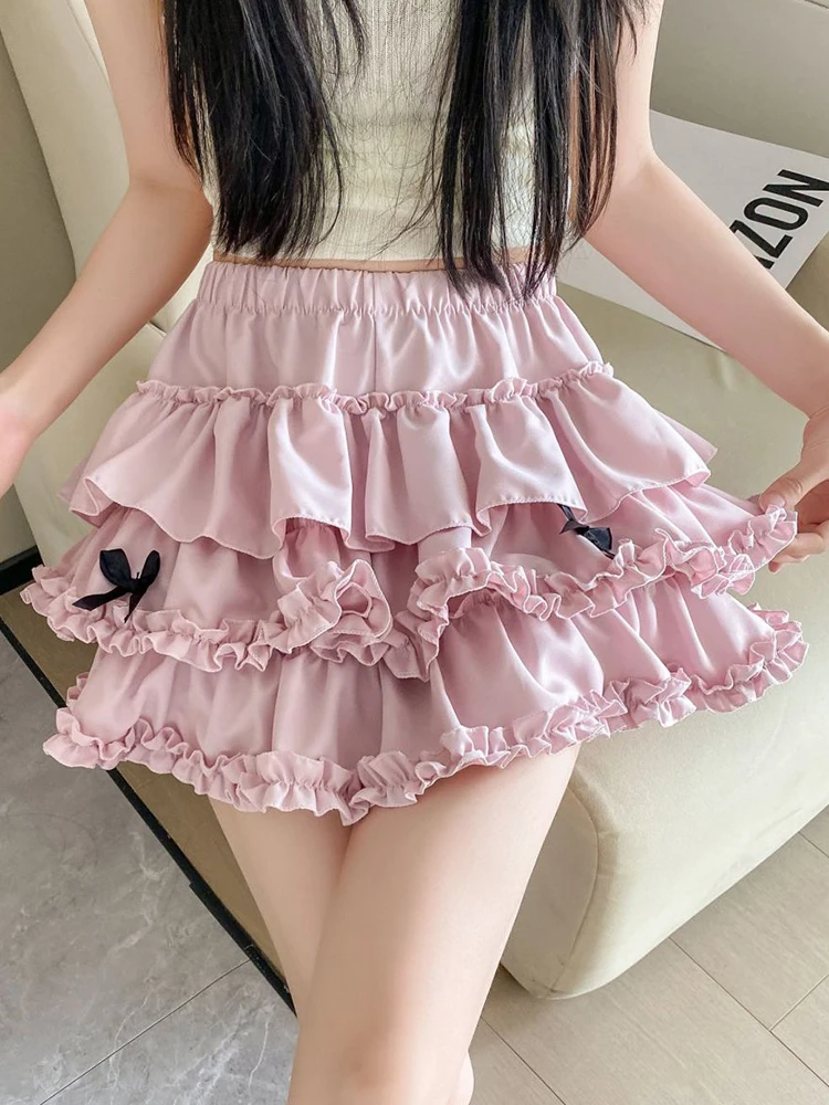 Jmprs Lolita Słodka Spódniczka z Kokardą Damska Urocza Codzienna Spódniczka Mini z Wysokim Stanem Wyszczuplająca Sexy Japonia Kawaii Preppy Styl Różowa Spódnica w Kształcie Litery A Nowa