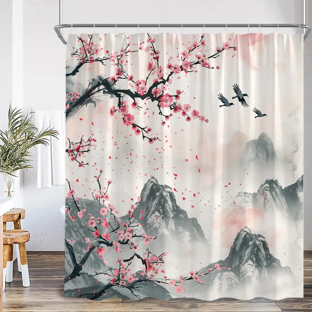 Ink Landscape Shower Curtain Abstract Mountain Watercolour Floral Birds Chinese Style Bath Curtains Fabric Home Bathroom Decor