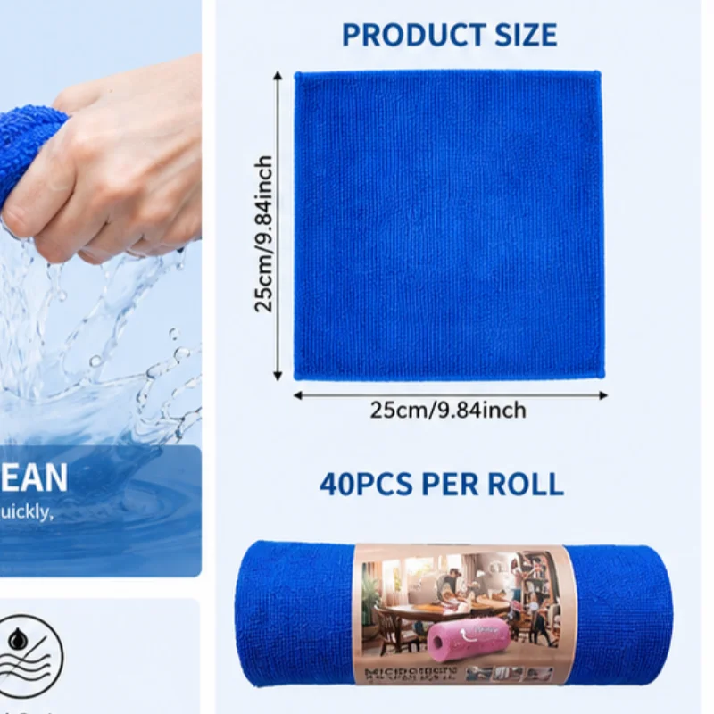 40pc Rolls of microfibre tear-off wipes, reusable cleaning cloths, multi-purpose car wash towels, car cleaning cloths