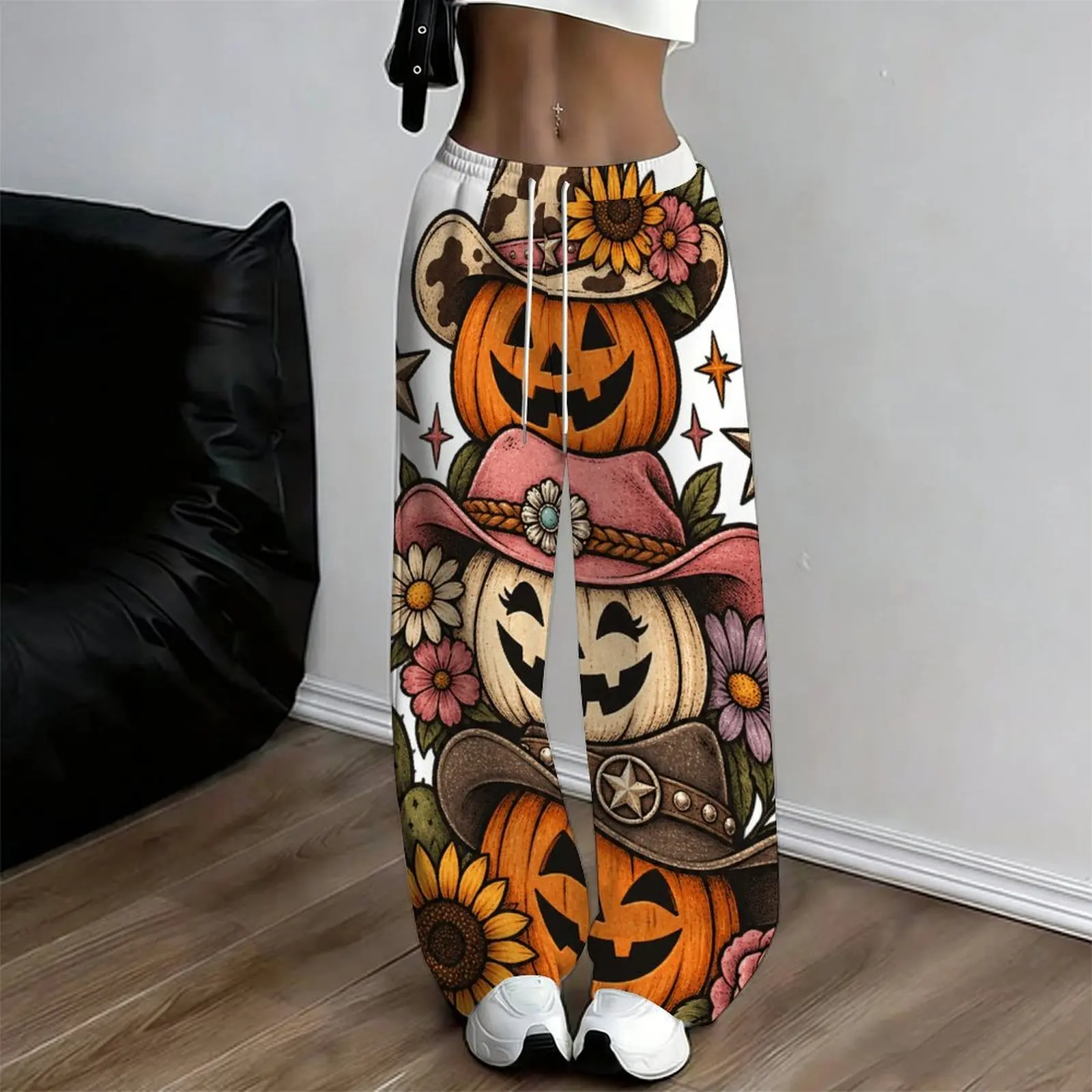 Women Loose Straight Leg Full Length Pants, Printed Cartoon Witch Hedgehog Pattern