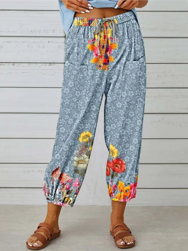 

2024 Long Pant For Ladies Casual New Floral Print Leace-up Drawstring Female Pantalones Autumn Loose Vintage Wide Legs Trousers