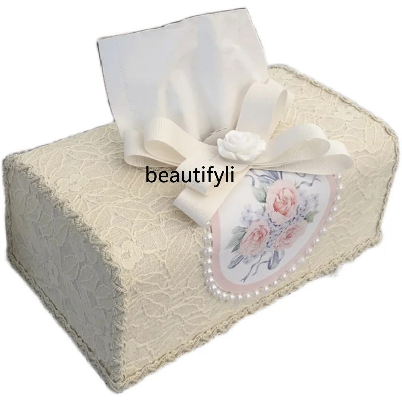 

yj New Vintage Embroidered Lace Pastoral Fabric Tissue Box Handmade Pearl Paper Extraction Box