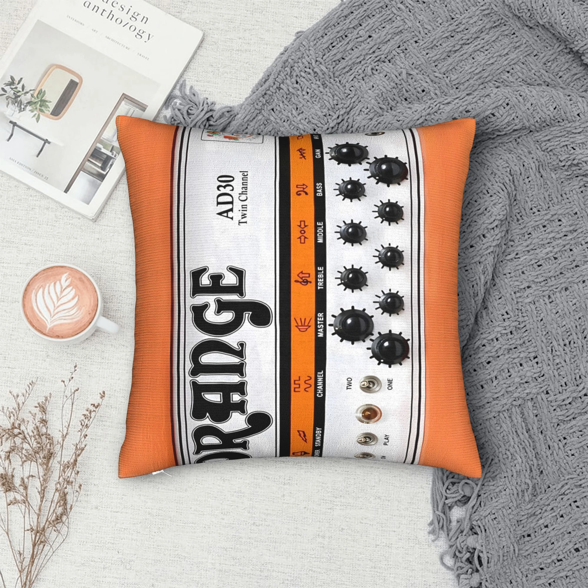 1pc Retro Rock Music Amp Cushion Cover, Polyester Double-Sided Print, Orange Black Guitar Control Panel Design, Cool Rocker Room