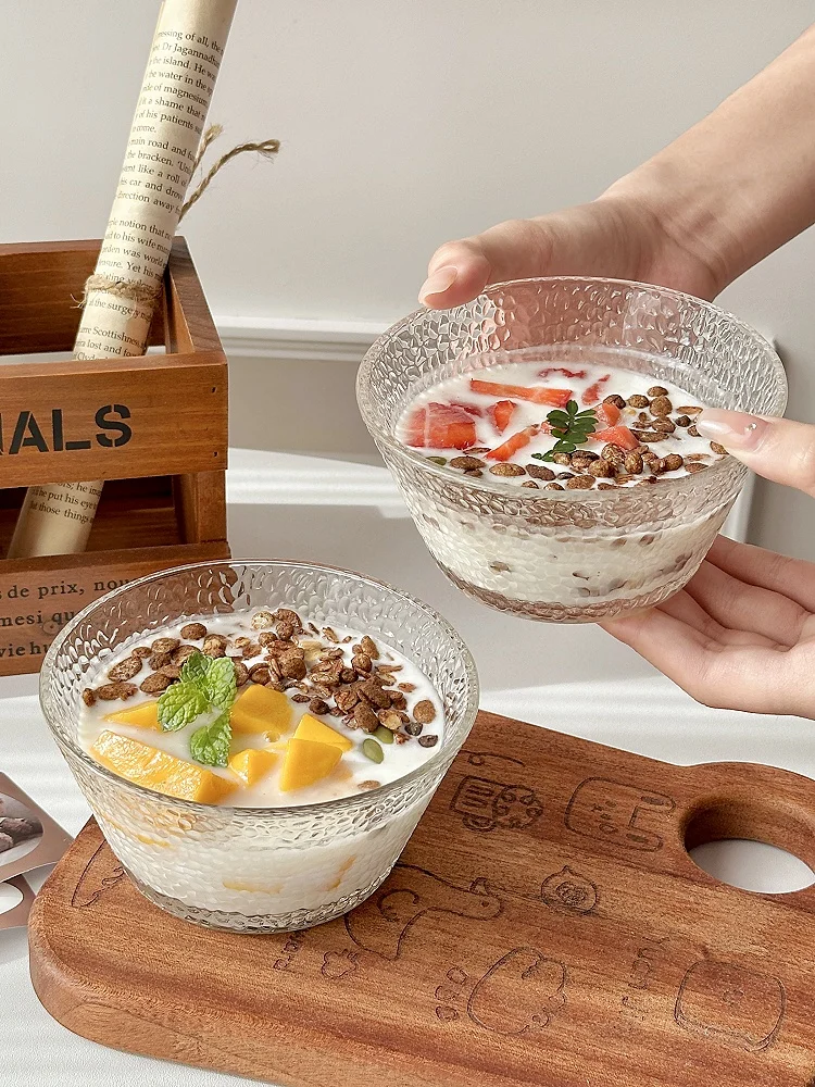 Korean Style Hammer Pattern Dessert Glass Bowl Home Breakfast Oatmeal Bowl Fruit Salad Ice Cream Bowl Bird's Nest Bowl