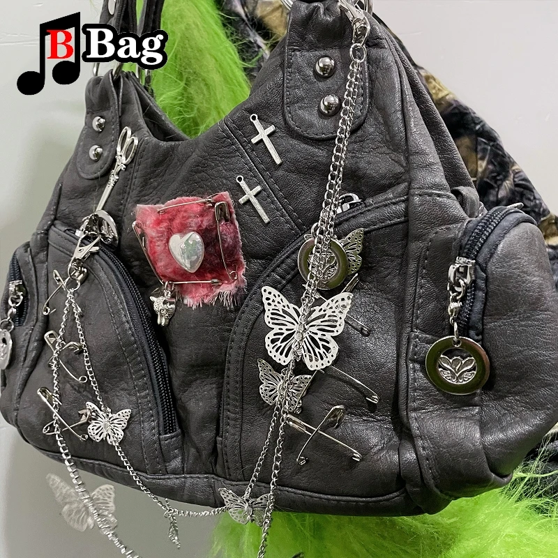 Y2K Women Girl Punk Butterfly Chain Single Shoulder Underarm Bags Tote Vintage PU Leather Messenger Bag Handbags Handmade