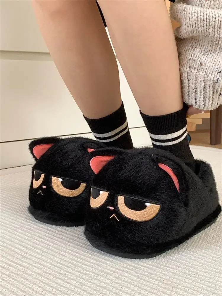 Women men indoor home slides shoes ladies fun fuzzy kitten slipper cat lovers indoor shoes Winter black unhappy kitty slippers view 4