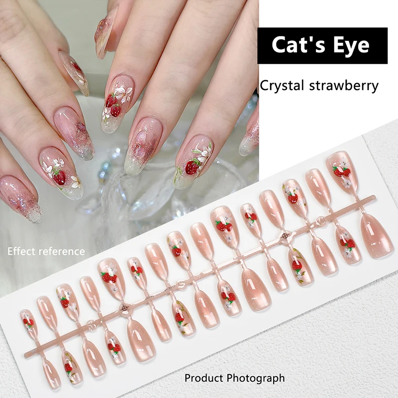 30 個のフェイクネイルシンプルな人工プレスオンネイルチップネイルアートキャットアイ付け爪着用アーマーウェアラブルスイカイチゴ