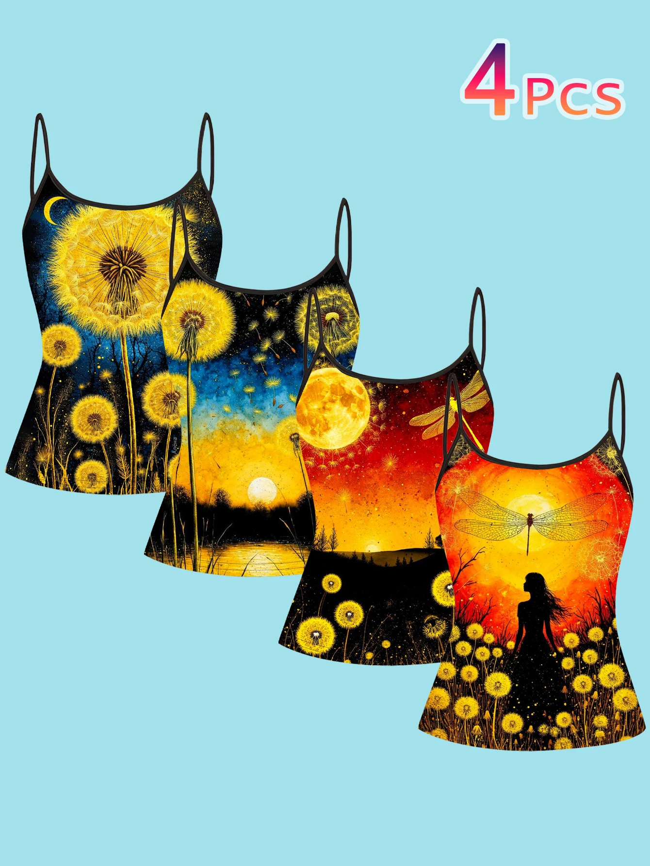 4-Piece Set of Women's Spaghetti Strap Camisoles with Full Print of Starry Night, Dandelions, and Dragonflies in Oil Painting Style, Slim-Fit Sleeveless Tops, Forest-Style Artistic Outerwear and Inner Layering Shirts