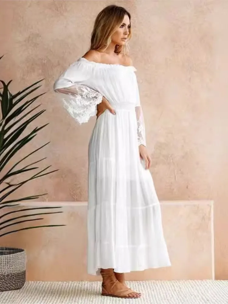 فستان صيفي أنيق بلون واحد للنساء فساتين بوهيمية مثيرة بدون حمالات للخريف من الدانتيل على طراز عطلة الشاطئ على شكل حرف a فساتين للسيدات #4
