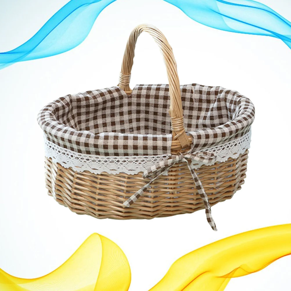 

Wicker Storage Basket Size S Handmade Coffee Plaid Fabric Fruit Vegetable Bread Food Storage Gift Basket Bread Container