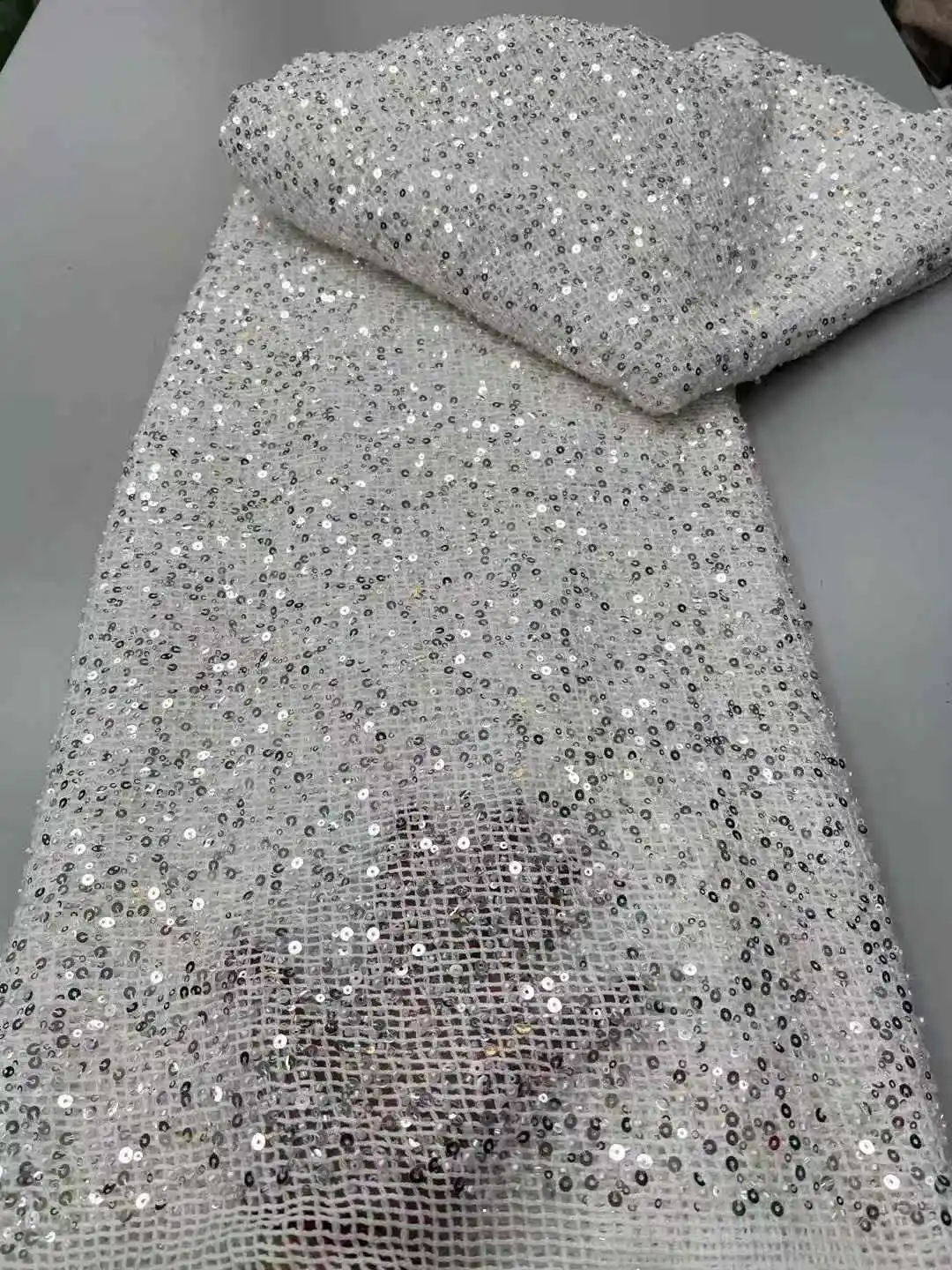 2025 France High-End Luxury Elegant Handmade Beaded Lace Fabric Nigerian With Sequins Mesh Lace Fabric For Wedding DressZX-52756