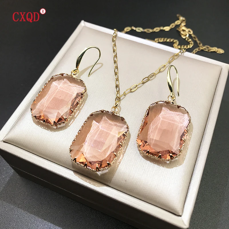 Stainless Steel Chain Large Multicolor Rectangle Clear Glass Pendant Necklace for Women Fashion Earrings Jewelry Accessories Set