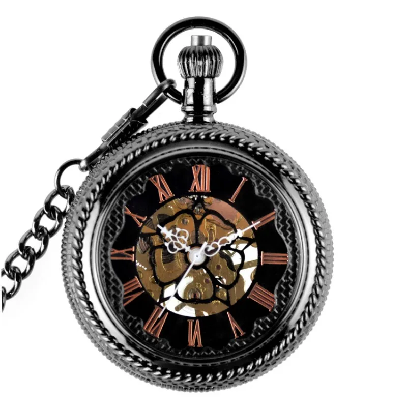 

Gun Black Magnifying Glass See Though Case Vintage Men's Hand Wind Mechanical Movement Roman Number Dial Pocket Watch W/chain