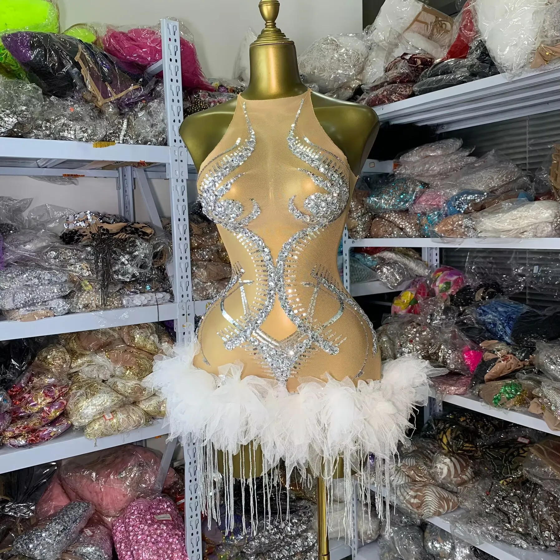 Vrouwen Sexy Sensuele Nachtclub Jurk Sparky Crystal Pailletten Borduren Mesh Bodcyon Mini Jurk Met Bustier Showgirl Kostuums