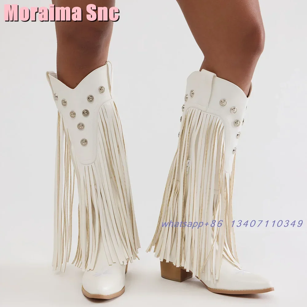 Fashion Fringe Metal Button Knee High Boots Pointed Toe Block Chunky Heel White Solid Women's Long Boots Autumn Winter New 2026